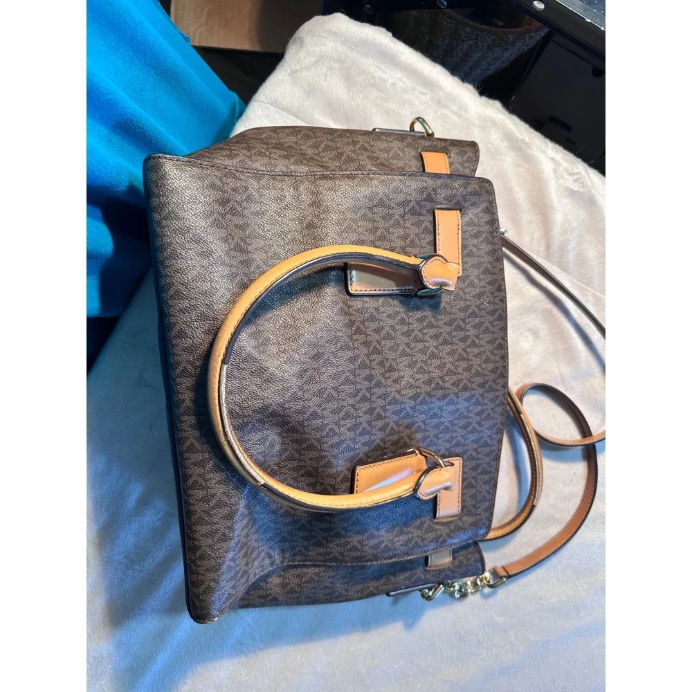 Michael Kors Hamilton Satchel Brown Logo Canvas Leather Trim Gold Hardware